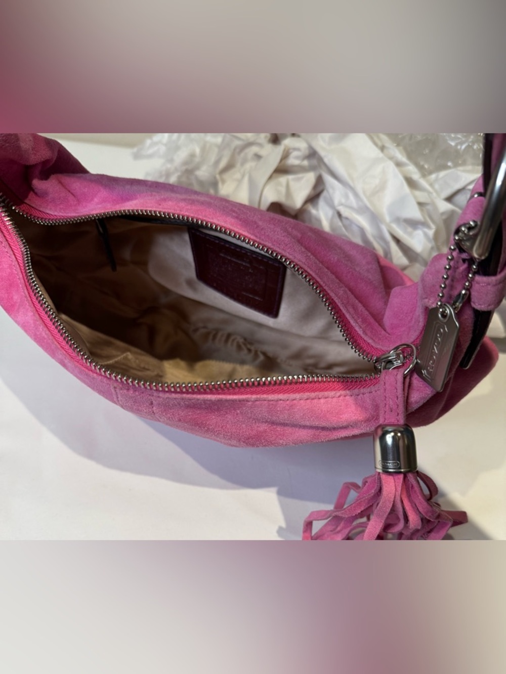 Coach Ltd Ed SoHo Bubblegum Pink Goat Suede Shoulder Bag with Tassel 2004 3671 - Picture 6 of 8